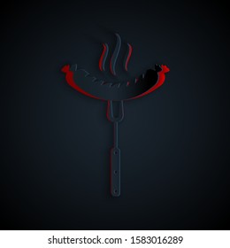Paper cut Sausage on the fork with steam icon isolated on black background. Grilled sausage and aroma sign. Paper art style. Vector Illustration