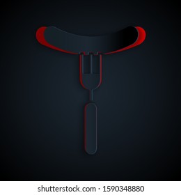 Paper cut Sausage on the fork icon isolated on black background. Grilled sausage and aroma sign. Paper art style. Vector Illustration