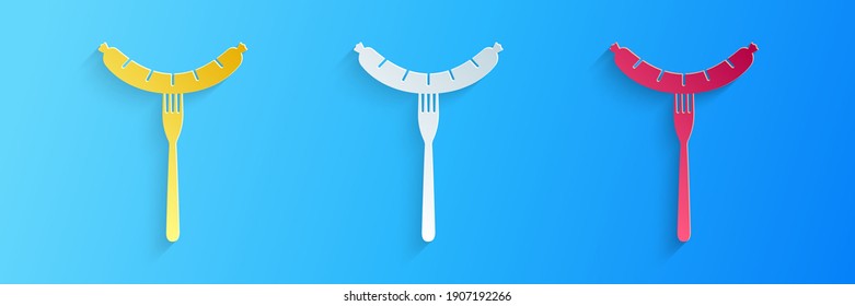 Paper cut Sausage on the fork with steam icon isolated on blue background. Grilled sausage and aroma sign. Paper art style. Vector.