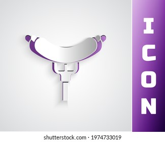 Paper cut Sausage on the fork icon isolated on black on purple background. Grilled sausage and aroma sign. Paper art style. Vector