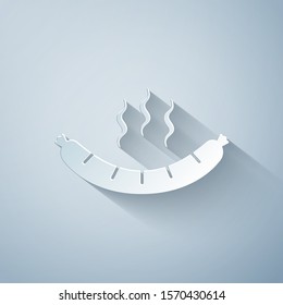 Paper cut Sausage with steam icon isolated on grey background. Grilled sausage and aroma sign. Paper art style. Vector Illustration