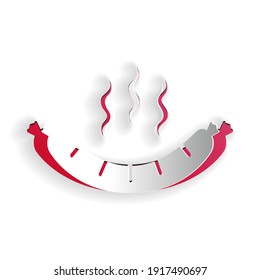 Paper cut Sausage with steam icon isolated on white background. Grilled sausage and aroma sign. Paper art style. Vector.