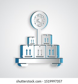 Paper cut Scale with cardboard box icon isolated on grey background. Logistic and delivery. Weight of delivery package on a scale. Paper art style. Vector Illustration