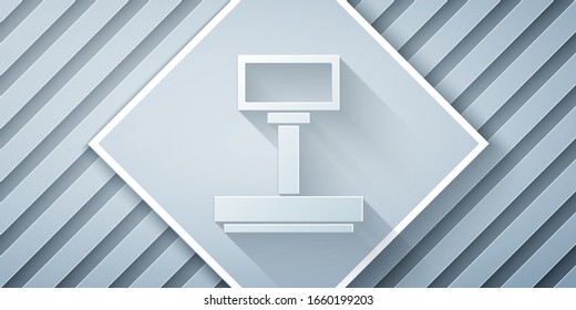 Paper cut Scale icon isolated on grey background. Logistic and delivery. Weight of delivery package on a scale. Paper art style. Vector Illustration