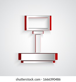 Paper cut Scale icon isolated on grey background. Logistic and delivery. Weight of delivery package on a scale. Paper art style. Vector Illustration