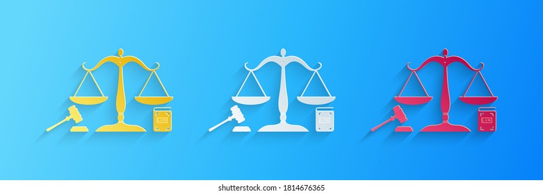 Paper cut Scales of justice, gavel and book icon isolated on blue background. Symbol of law and justice. Concept law. Legal law and auction symbol. Paper art style. Vector.