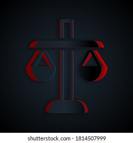 Paper cut Scales of justice icon isolated on black background. Court of law symbol. Balance scale sign. Paper art style. Vector.