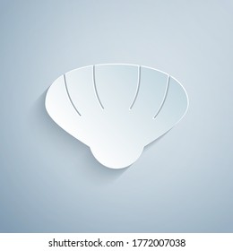 Paper cut Scallop sea shell icon isolated on grey background. Seashell sign. Paper art style. Vector.