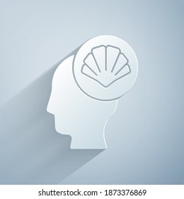 Paper cut Scallop sea shell icon isolated on grey background. Seashell sign. Paper art style. Vector