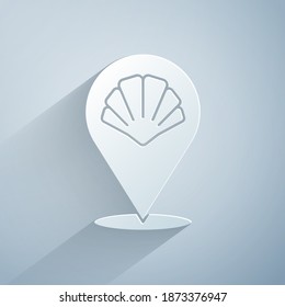Paper cut Scallop sea shell icon isolated on grey background. Seashell sign. Paper art style. Vector