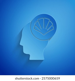 Paper cut Scallop sea shell icon isolated on blue background. Seashell sign. Paper art style. Vector