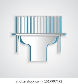 Paper cut Scanner scanning bar code icon isolated on grey background. Barcode label sticker. Identification for delivery with bars. Paper art style. Vector Illustration