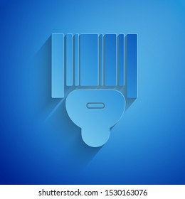 Paper cut Scanner scanning bar code icon isolated on blue background. Barcode label sticker. Identification for delivery with bars. Paper art style. Vector Illustration