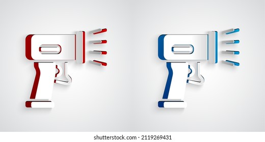 Paper cut Scanner scanning bar code icon isolated on grey background. Barcode label sticker. Identification for delivery with bars. Paper art style. Vector