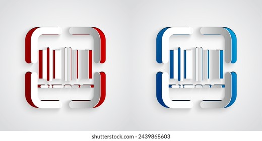 Icono de código de barras de escaneo del escáner aislado sobre fondo gris. Etiqueta engomada de código de barras. Identificación para entrega con barras. Estilo de arte de papel. Vector