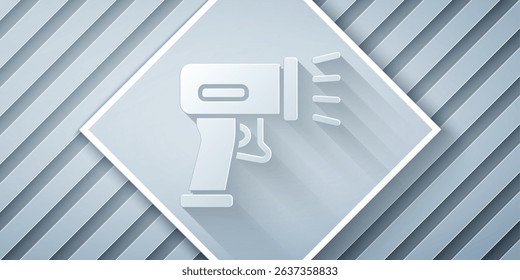 Paper cut Scanner scanning bar code icon isolated on grey background. Barcode label sticker. Identification for delivery with bars. Paper art style. Vector
