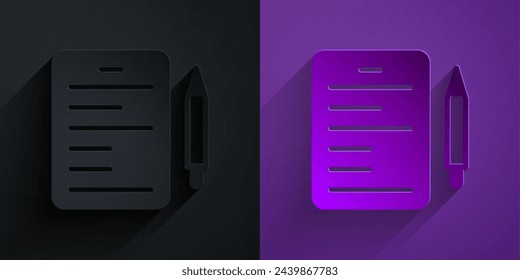 Paper cut Scenario icon isolated on black on purple background. Script reading concept for art project, films, theaters. Paper art style. Vector