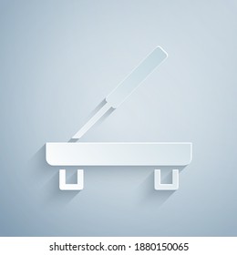 Paper cut Scented spa stick on a wooden stand icon isolated on grey background. Incense stick. Cosmetic procedure aromatherapy. Paper art style. Vector.