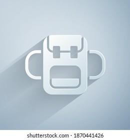 Paper cut School backpack icon isolated on grey background. Paper art style. Vector