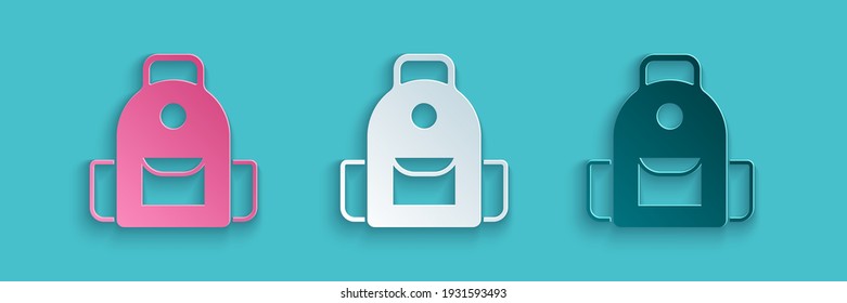 Paper cut School backpack icon isolated on blue background. Paper art style. Vector