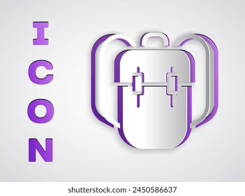 Paper cut School backpack icon isolated on grey background. Paper art style. Vector