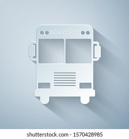 Paper cut School Bus icon isolated on grey background. Paper art style. Vector Illustration