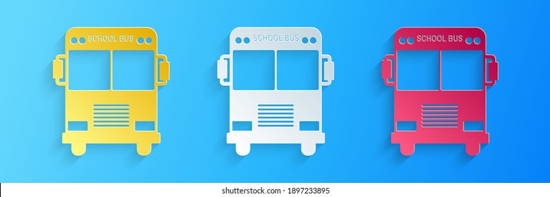 Paper cut School Bus icon isolated on blue background. Paper art style. Vector.