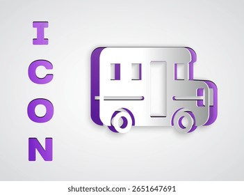 Paper cut School Bus icon isolated on grey background. Public transportation symbol. Paper art style. Vector