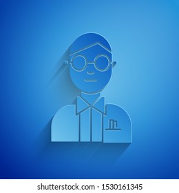 Paper cut Scientist icon isolated on blue background. Paper art style. Vector Illustration Paper cut Scientist icon isolated on blue background. Paper art style. Vector Illustration
