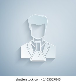 Paper cut Scientist and test tube icon isolated on grey background. Scientist chemist analyzes laboratory flask. Paper art style. Vector Illustration
