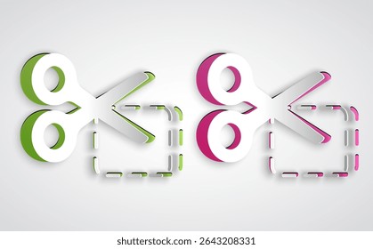 Paper cut Scissors cuts discount coupon icon isolated on grey background. The concept of selling in an online supermarket at low prices or half the cost. Paper art style. Vector