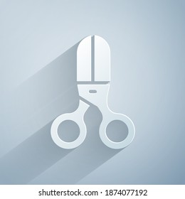Paper cut Scissors hairdresser icon isolated on grey background. Hairdresser, fashion salon and barber sign. Barbershop symbol. Paper art style. Vector