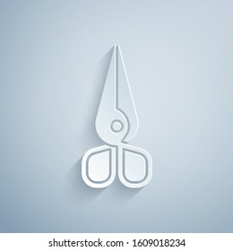 Paper cut Scissors icon isolated on grey background. Cutting tool sign. Paper art style. Vector Illustration