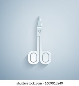 Paper cut Scissors icon isolated on grey background. Cutting tool sign. Paper art style. Vector Illustration