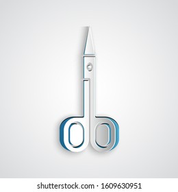 Paper cut Scissors icon isolated on grey background. Cutting tool sign. Paper art style. Vector Illustration