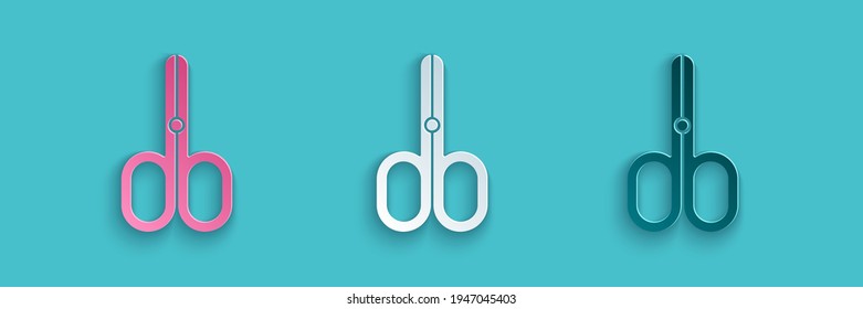 Paper cut Scissors icon isolated on blue background. Cutting tool sign. Paper art style. Vector