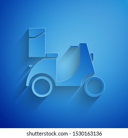 Paper cut Scooter delivery icon isolated on blue background. Delivery service concept. Paper art style. Vector Illustration