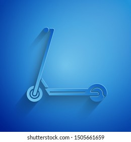 Paper cut Scooter icon isolated on blue background. Paper art style. Vector Illustration