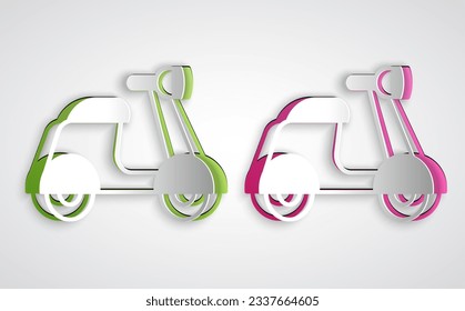 Paper cut Scooter icon isolated on grey background. Paper art style. Vector