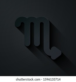 Paper cut Scorpio zodiac sign icon isolated on black background. Astrological horoscope collection. Paper art style. Vector Illustration