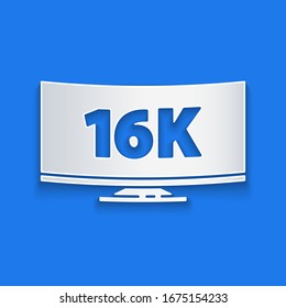 Paper cut Screen tv with 16k Ultra HD video technology icon isolated on blue background. Paper art style. Vector Illustration