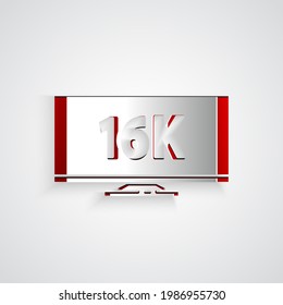 Paper cut Screen tv with 16k Ultra HD video technology icon isolated on grey background. Paper art style. Vector Illustration
