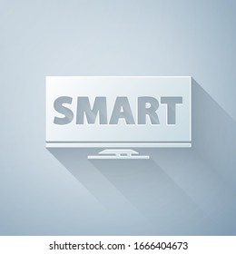 Paper cut Screen tv with Smart video technology icon isolated on grey background. Paper art style. Vector Illustration