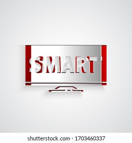 Paper cut Screen tv with Smart video technology icon isolated on grey background. Paper art style. Vector Illustration