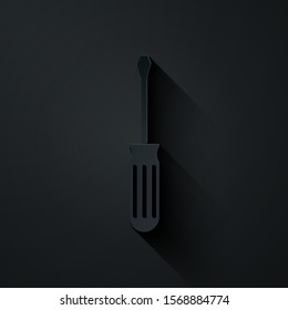 Paper cut Screwdriver icon isolated on black background. Service tool symbol. Paper art style. Vector Illustration