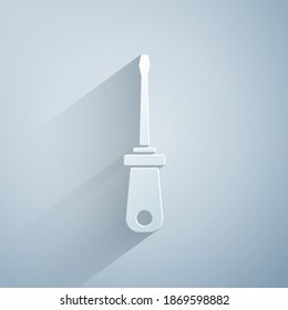 Paper cut Screwdriver icon isolated on grey background. Service tool symbol. Paper art style. Vector