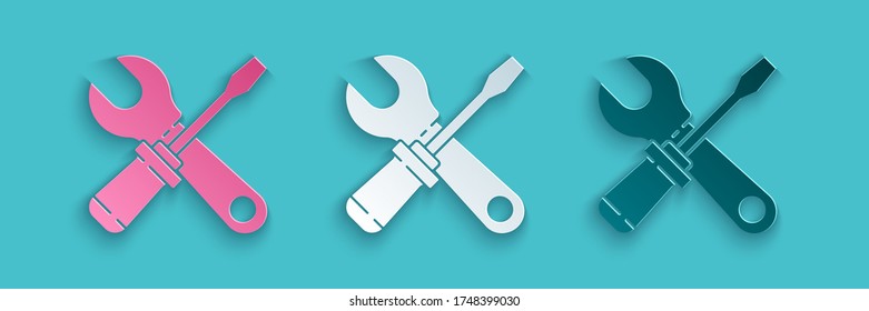 Papierschnitt-Schraubendreher und Schraubenschlüssel-Tools Symbol einzeln auf blauem Hintergrund. Symbol für Service-Tools. Kunststil aus Papier. Vektorgrafik