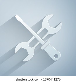 Paper cut Screwdriver and wrench spanner tools icon isolated on grey background. Service tool symbol. Paper art style. Vector