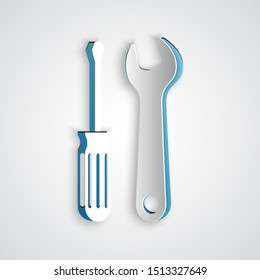 Paper cut Screwdriver and wrench tools icon isolated on grey background. Service tool symbol. Paper art style. Vector Illustration