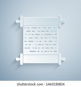 Paper cut Paper scroll icon isolated on grey background. Canvas scroll sign. Paper art style. Vector Illustration